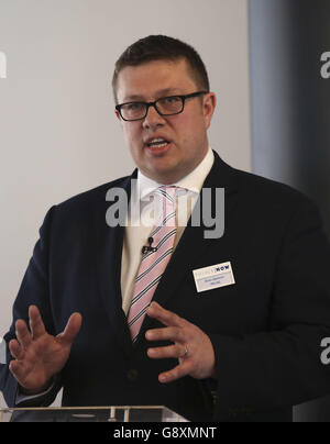 Police Now CEO Dave Spencer speaking at the Police Now 100 day impact event, a police graduate leadership development programme, at the Empress State Building in London. Stock Photo