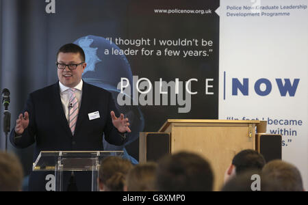 Police Now CEO Dave Spencer speaking at the Police Now 100 day impact event, a police graduate leadership development programme, at the Empress State Building in London. Stock Photo