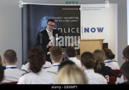 Police Now CEO Dave Spencer speaking at the Police Now 100 day impact event, a police graduate leadership development programme, at the Empress State Building in London. Stock Photo