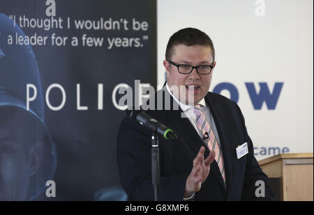 Police Now CEO Dave Spencer speaking at the Police Now 100 day impact event, a police graduate leadership development programme, at the Empress State Building in London. Stock Photo