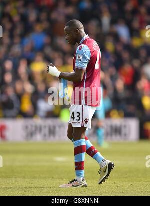 Aston Villa's Aly Cissokho leaves the field after picking up a red card during the Barclays Premier League match at Vicarage Road, Watford. Stock Photo