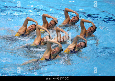 France compete in the Synchronised Swimming Team Free Preliminary during day three of the European Aquatics Championships at the London Aquatics Centre in Stratford. Stock Photo