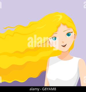 Young woman with long curly blond hair, blowing in the wind, hairstyles, beauty, on purple background Stock Vector