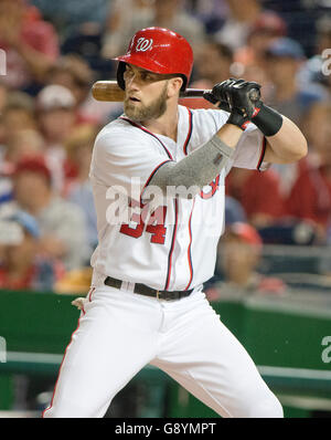 Washington, Us. 28th June, 2016. Washington Nationals right fielder Bryce Harper (34) bats in the third inning against the New York Mets at Nationals Park in Washington, DC on Tuesday, June 28, 2016. The Nationals won the game 5 - 0. Credit: Ron Sachs/CNP - NO WIRE SERVICE - © dpa/Alamy Live News Stock Photo