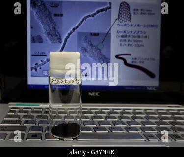 Thursday. 30th June, 2016. Tokyo, Japan. 30th June, 2016. Thehe new nano carbon material 'carbon nanobrush' which is a fibrous aggregate of carbon nanohorns is displayed at the company's headquarters in Tokyo on Thursday, June 30, 2016. NEC said this discovery of the new nano carbon material was the world's first and which features well adsorptivity and electrical conductivity to improve the basic functionality of a range of devices such as batteries, capacitors and actuators. Credit:  Aflo Co. Ltd./Alamy Live News Stock Photo