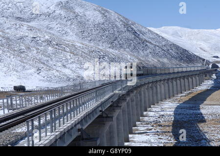 (160630) -- LHASA, June 30, 2016 (Xinhua) -- File photo taken on Oct. 25, 2006 shows a train passing the Nagqu section of the Qinghai-Tibet railway, southwest China's Tibet Autonomous Region. The Qinghai-Tibet Railway turns 10 on July 1, 2016. The 1,956-kilometer-long railway, which began service in July 2006, is the world's highest and longest plateau railroad and also the first railway connecting the Tibet Autonomous Region with other parts of China. Ecological protection measures taken during and after the construction of the railway have ensured it was built as 'a green railway'. Noting th Stock Photo