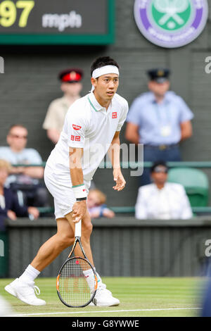 London, UK. 30th June, 2016. Kei Nishikori (JPN) Tennis : Kei Nishikori of Japan during the Men's singles second round match of the Wimbledon Lawn Tennis Championships against Julien Benneteau of France at the All England Lawn Tennis and Croquet Club in London, England . © AFLO/Alamy Live News Stock Photo
