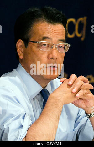 Katsuya Okada, leader of the main opposition Democratic Party (DP) speaks during a press conference at the Foreign Correspondents' Club of Japan on July 1, 2016, Tokyo, Japan. Okada talked about the failed politics of Abenomics and said that ahead of this month's House of Councillors elections he had written to sent a letter to the Liberal Democratic Party leader, Prime Minister Shinzo Abe, to request answers on questions regarding the economy, consumption tax, the revision of Japan's security policy (Article 9), and the scandals related to former Minister of State for Economic and Fiscal Poli