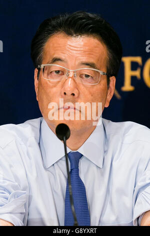 Katsuya Okada, leader of the main opposition Democratic Party (DP) attends a press conference at the Foreign Correspondents' Club of Japan on July 1, 2016, Tokyo, Japan. Okada talked about the failed politics of Abenomics and said that ahead of this month's House of Councillors elections he had written to sent a letter to the Liberal Democratic Party leader, Prime Minister Shinzo Abe, to request answers on questions regarding the economy, consumption tax, the revision of Japan's security policy (Article 9), and the scandals related to former Minister of State for Economic and Fiscal Policy, Ak