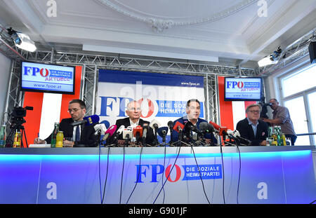 Vienna, Austria. 1st July, 2016. Head of the Austrian Freedom Party (FPOe) Heinz-Christian Strache (3rd L) speaks at a news conference in Vienna, Austria, July 1, 2016. Austria's constitutional court on Friday accepted a challenge filed by the anti-immigration Freedom Party over the run-off presidential election on May 22, and ordered the election to be held again. Credit:  Qian Yi/Xinhua/Alamy Live News Stock Photo
