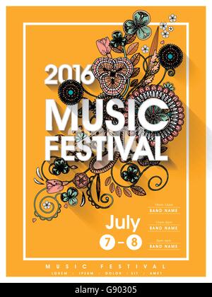 music festival poster template design with floral elements Stock Vector