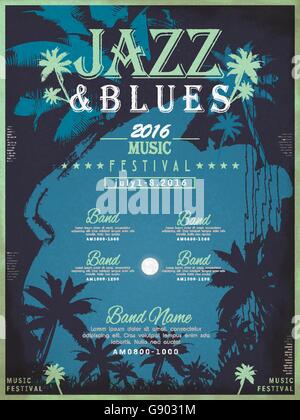 jazz festival poster template design with palm tree background Stock Vector