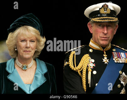 Britain's Duchess of Cornwall, left, and Prince Charles leave after attending the Trafalgar 200 commemoration service at St Paul's Cathedral in London, Sunday October 23, 2005. The Battle of Trafalgar took place on Oct 21, 1805, when Britain's Admiral Lord Nelson defeated a combined French and Spanish fleet, under Admiral Villeneuve, off the Spanish coast between Cadiz and Cape Trafalgar. PRESS ASSOCIATION Photo. Photo credit should read: Matt Dunham/WPA/PA Stock Photo