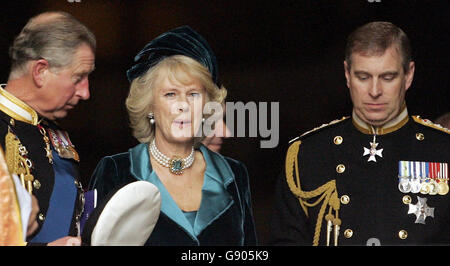 Britain's Duchess of Cornwall, centre, her husband Prince of Wales, left, and his brother the Duke of York leave after attending the Trafalgar 200 commemoration service at St Paul's Cathedral in London, Sunday October 23, 2005. The Battle of Trafalgar took place on Oct 21, 1805, when Britain's Admiral Lord Nelson defeated a combined French and Spanish fleet, under Admiral Villeneuve, off the Spanish coast between Cadiz and Cape Trafalgar. PRESS ASSOCIATION Photo. Photo credit should read: Matt Dunham/WPA/PA Stock Photo