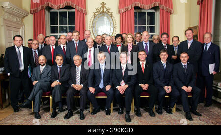 Members of the EU informal group join (front row left to right) Martin Schulz, Spain's Prime Minister Jose Luis Zapaero, EP President Josep Borrell, Britian's Prime Minister Tony Blair, President of the Part of European Socialist, Poul Nyrup Rasmussen, Norway's Prime Minister Jens Stoltenburg, Ferenc Gyurcsany and Sergi Stanischev for a group photo inside 10 Downing Street ahead of a EU informal Summit meeting in London, Wednesday October 26, 2005. Leaders of Europe's Socialist, Social Democratic and Labour Parties met with Mr Blair to discuss Growth and Investment Strategy for Europe and a Stock Photo