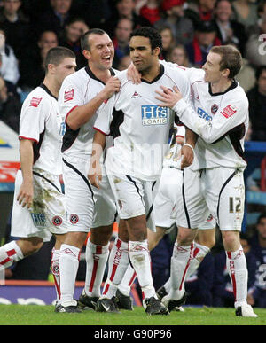 Sheffield United's Paul Ifill (C) celebrates with Neil Shipperley and Alan Quinn (R) after scoring their second goal against Crystal Palace during the Coca-Cola Championship match at Selhurst Park, London, Saturday November 5, 2005. PRESS ASSOCIATION Photo. Photo credit should read: Lindsey Parnaby/PA. NO UNOFFICIAL CLUB WEBSITE USE. Stock Photo