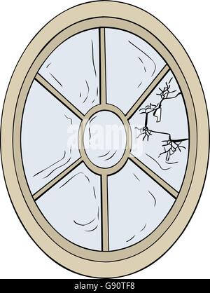 Single oval shaped broken glass window illustration over white Stock Vector