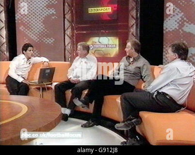 We are advised that video-grabs should not be used by daily papers later than 48 hours after the broadcast of the programme, without consent of the copyright holder. ALL TV AND INTERNET OUT. Videograbbed image taken from BBC1 of British Prime Minister Tony Blair (second right) appearing on BBC1's Football Focus programme Saturday November 5 2005, with (L-R) Manish Bhasin, John Motson and Mark Lawrenson. See PA Story POLITICS Blair Football. PRESS ASSOCIATION Photo. Photo credit should read: BBC/PA Stock Photo