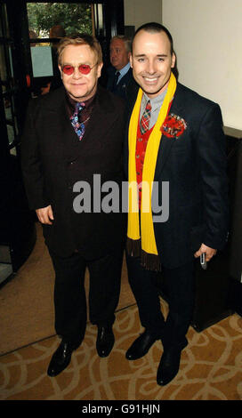 Sir Elton John and his partner David Furnish on Monday 28 November 2005 at the 51st Evening Standard Theatre awards held at the Savoy Hotel in central London. PRESS ASSOCIATION Photo. Photo Credit should read: Steve Parsons/PA. Stock Photo