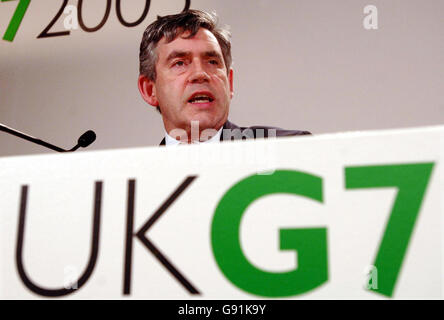 The Chancellor of the Exchequer Gordon Brown gives a press briefing at the end of the two day G7 Finance Ministers meeting, at the Treasury building in Central London Saturday 3rd December 2005. See PA story POLITICS G7. PRESS ASSOCIATION Photo. Photo credit should read: John Stillwell/Pool/PA Stock Photo