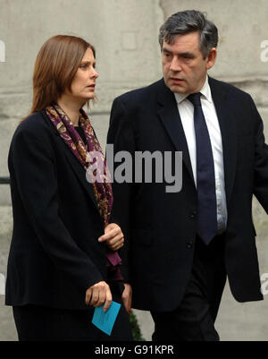Chancellor Gordon Brown and his wife Sarah arrive at the memorial service for former Foreign Secretary Robin Cook in Westminster, Monday December 5, 2005. Mr Cook's family and friends will also be at the service, in St Margaret's Church, which organisers say will be a celebration of his life. Mr Cook died aged 59 after collapsing while walking with his wife Gaynor in the Scottish Highlands on Saturday August 6. His funeral was held at Edinburgh's St Giles Cathedral six days later. See PA Story MEMORIAL Cook. PRESS ASSOCIATION Photo. Photo credit should read: Stefan Rousseau/PA Stock Photo