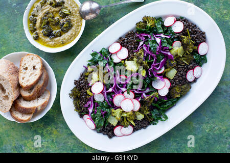 Black Lentil Kale Broccoli Salad with Charred Broccoli Pesto. On a green, yellow and blue background. Photographed from top view
