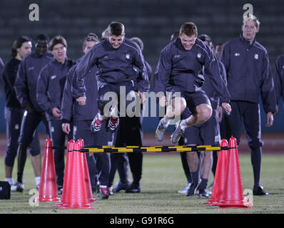 Liverpool's Steven Gerrard (L) and John Arne Riise during a training session at the Todoroki Stadium in Kawasaki, Japan, Tuesday December 13, 2005. Liverpool will play Deportivo Saprissa in the FIFA World Club Championship semi-final on Thursday. See PA story SOCCER Liverpool. PRESS ASSOCIATION Photo. Photo credit should read: Martin Rickett/PA Stock Photo