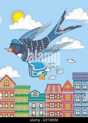 adult coloring page - swallow mailman flying through city Stock Vector