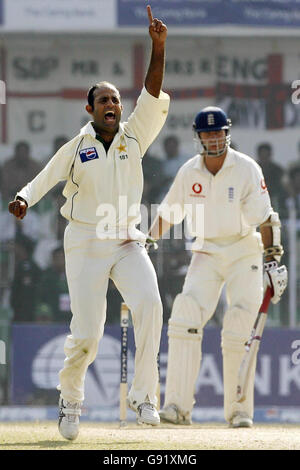 Pakistan's Rana Naveed-ul-Hassan sucessfully appeals for the wicket of England captain Michael Vaughan LBW for 9 runs during the fifth day of the second Test match at the Iqbal Stadium, Faisalabad, Pakistan, Thursday November 24, 2005. PRESS ASSOCIATION Photo. Photo credit should read: Gareth Copley/PA. Stock Photo