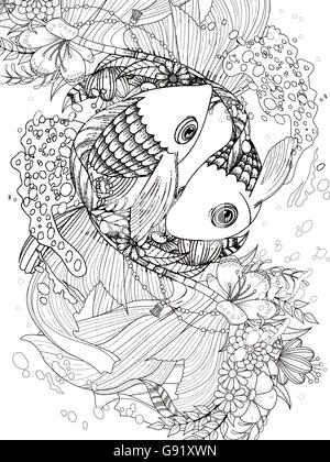 adult coloring page - elegant goldfish couple with floral elements Stock Vector