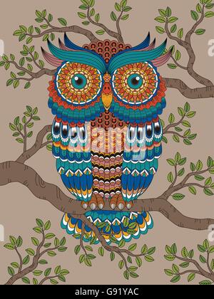 Cute owl with big eyes in a trendy coral color on a blossoming tree