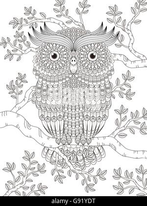 adult coloring page with gorgeous owl in the tree Stock Vector