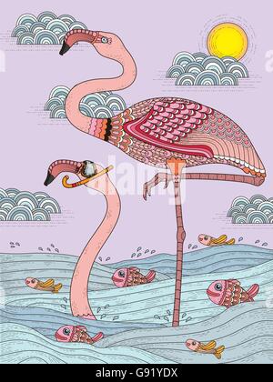 adult coloring page with cranes stand in the river Stock Vector