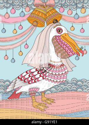 adult coloring page with lovely bride pelican Stock Vector