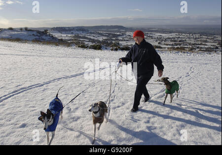 Betty Beaumont from Hereford exercises her racing whippets from left Charlie, Dylan and Toddy at snow covered Coaley Peak near Stroud, Gloucestershire Tuesday November 29 2005. Severn Vale is seen in the background. See PA Story WEATHER Snow. PRESS ASSOCIATION photo. Photo credit should read: Barry Batchelor/PA Stock Photo