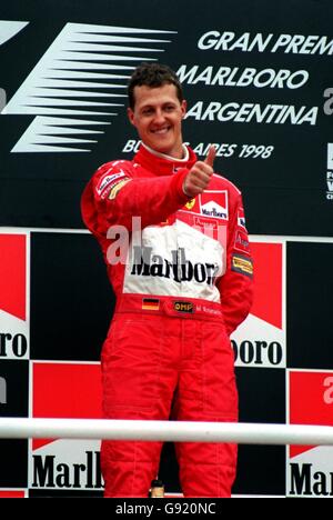 Formula One Motor Racing - Argentinian Grand Prix. Michael Schumacher, Ferrari celebrates his and Ferrari's first win of the 1998 season at the Argentinian Grand Prix Stock Photo