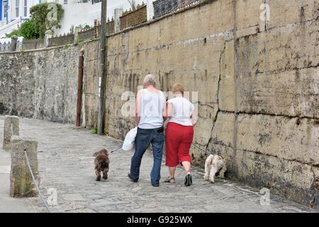 A senior couple walking 2 dogs along the quayside in Porthleven Cornwall England UK Stock Photo