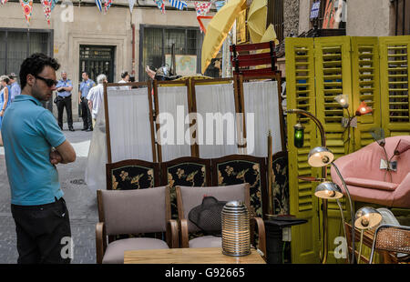 Madrid, Spain, 12 st June 2016.  A street view with a man in DecorAccion Market, Letters Quarter, Madrid, Spain. Stock Photo