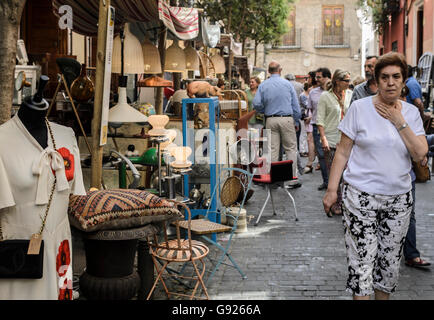 Madrid, Spain, 12 st June 2016.  A street  view with decoration items in DecorAccion Market, Letters Quarter, Madrid, Spain. Stock Photo