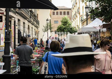 Madrid, Spain, 12 st June 2016.  A street view and people with decoration items in DecorAccion Market, Letters Quarter, Madrid, Stock Photo