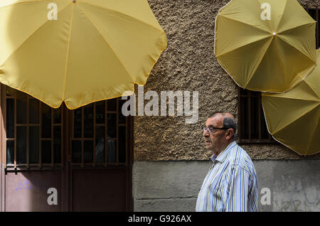 Madrid, Spain, 12 st June 2016.  A street view with a man in DecorAccion Market, Letters Quarter, Madrid, Spain. Stock Photo