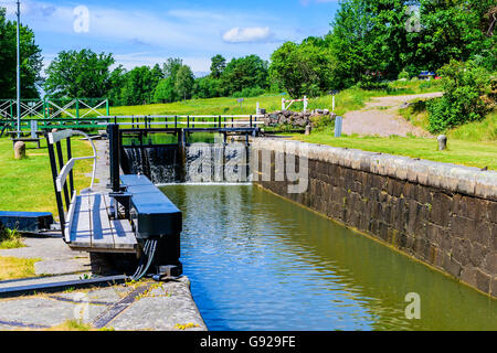 Narrow canal with closed canal lock at the end. Gota canal in Sweden. Stock Photo
