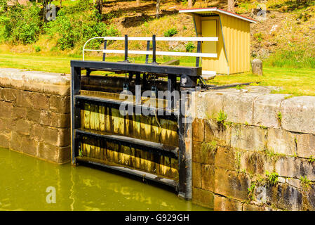 Open canal lock with a small control shed behind. Stock Photo