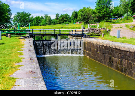 Narrow canal with closed canal lock at the end. Gota canal in Sweden. Stock Photo