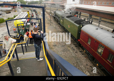 Newly restored LNER A3 class locomotive “Flying Scotsman” at York station after taking on water for a journey to Edinburgh. Stock Photo