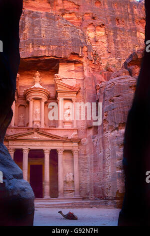 The old city of Petra in Jordan was carved out the rocks. It is now an UNESCO World Heritage site. Stock Photo