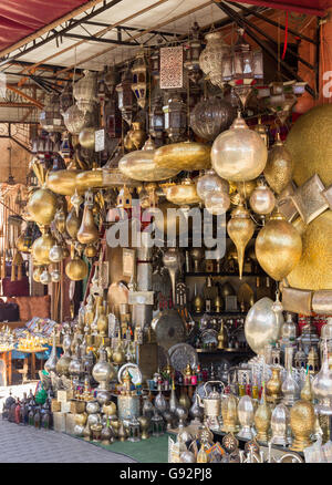 Selection of traditional made lamps on in the souks of Marrakech. The traditional Berber market is one of the most important att Stock Photo