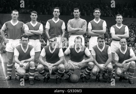 Ipswich Town team photo from the 1961-62 season. Back row, left to right: John Compton, left-back; Bill Baxter, right-half; Andy Nelson, centre-half and captain; Roy Bailey, goalkeeper; John Elsworthy, left-half; and Larry Carberry, right-back. Front row - Roy Stephenson, outside-right; Ray Crawford, centre-forward; Ted Phillips, inside-left; Doug Moran, inside-right; and Jimmy Leadbetter, outside left. Stock Photo