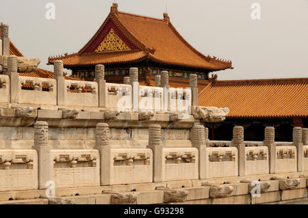 Stone dragon head architectural details on a stone wall and Chinese buildings within the forbidden city in Beijing China on an o Stock Photo