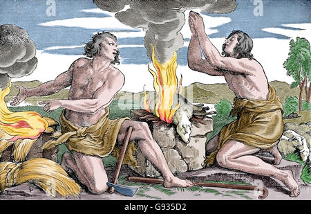The offerings of Cain and Abel. Abel the shepherd's sacrifice is more successful than Cain the farmer. Old Testament. Engraving, Stock Photo